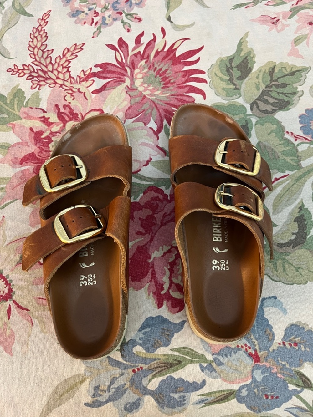 Birkenstock Brown Leather Dual Buckle Slide Sandals